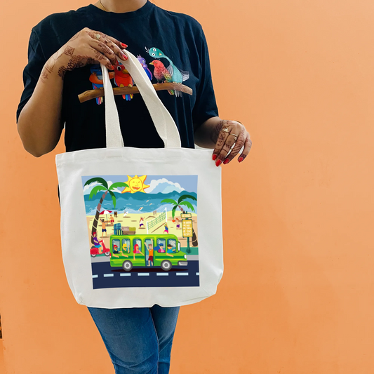 "Beach Bound: A Sunny Doodle Illustration of Coastal Adventure" Artistic Tote Bag