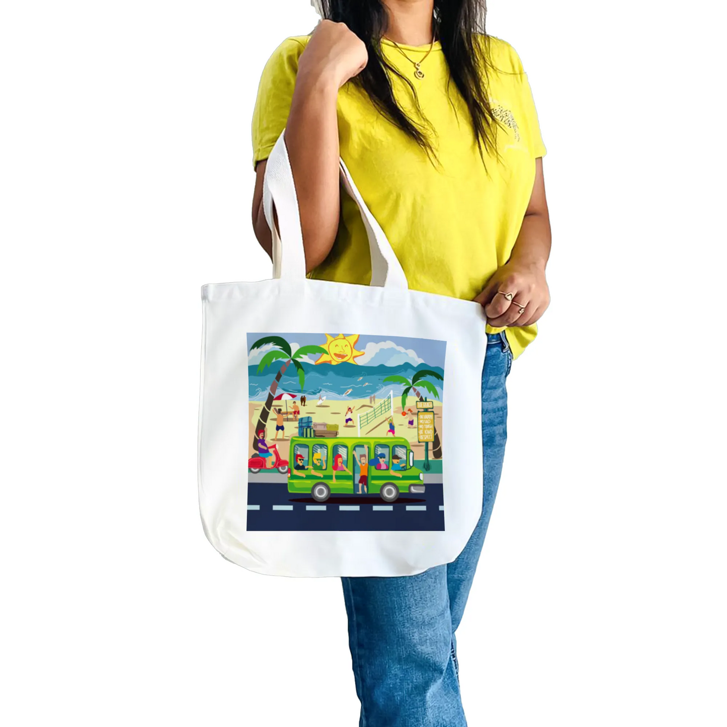 "Beach Bound: A Sunny Doodle Illustration of Coastal Adventure" Artistic Tote Bag