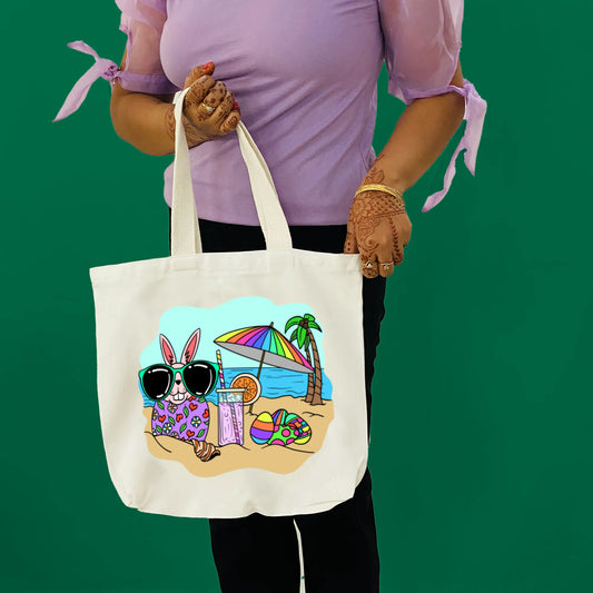 "Beach Rabbit With Easter Eggs" Artistic Tote Bag