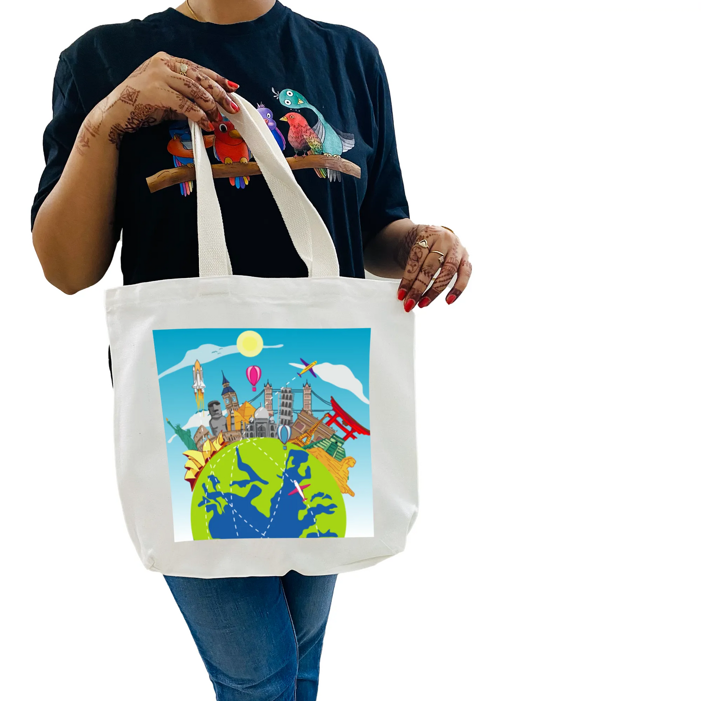 "World Wonders: A Doodle Illustration of Iconic Landmarks" Artistic Tote Bag