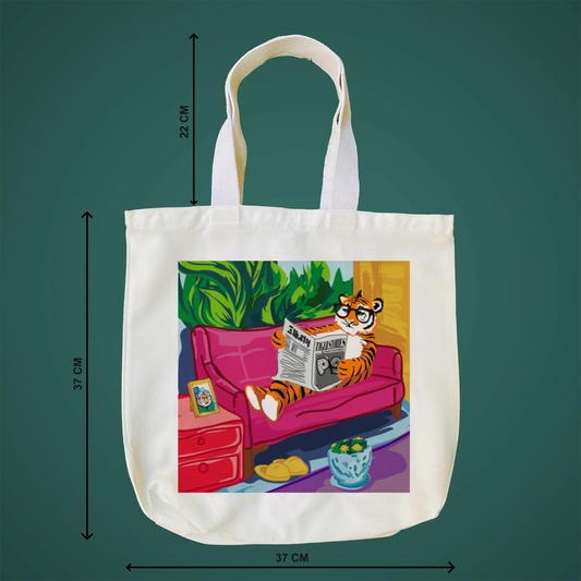 "Tiger's Leisure: Pop Art Illustration of a Relaxing Read" Artistic Tote Bag