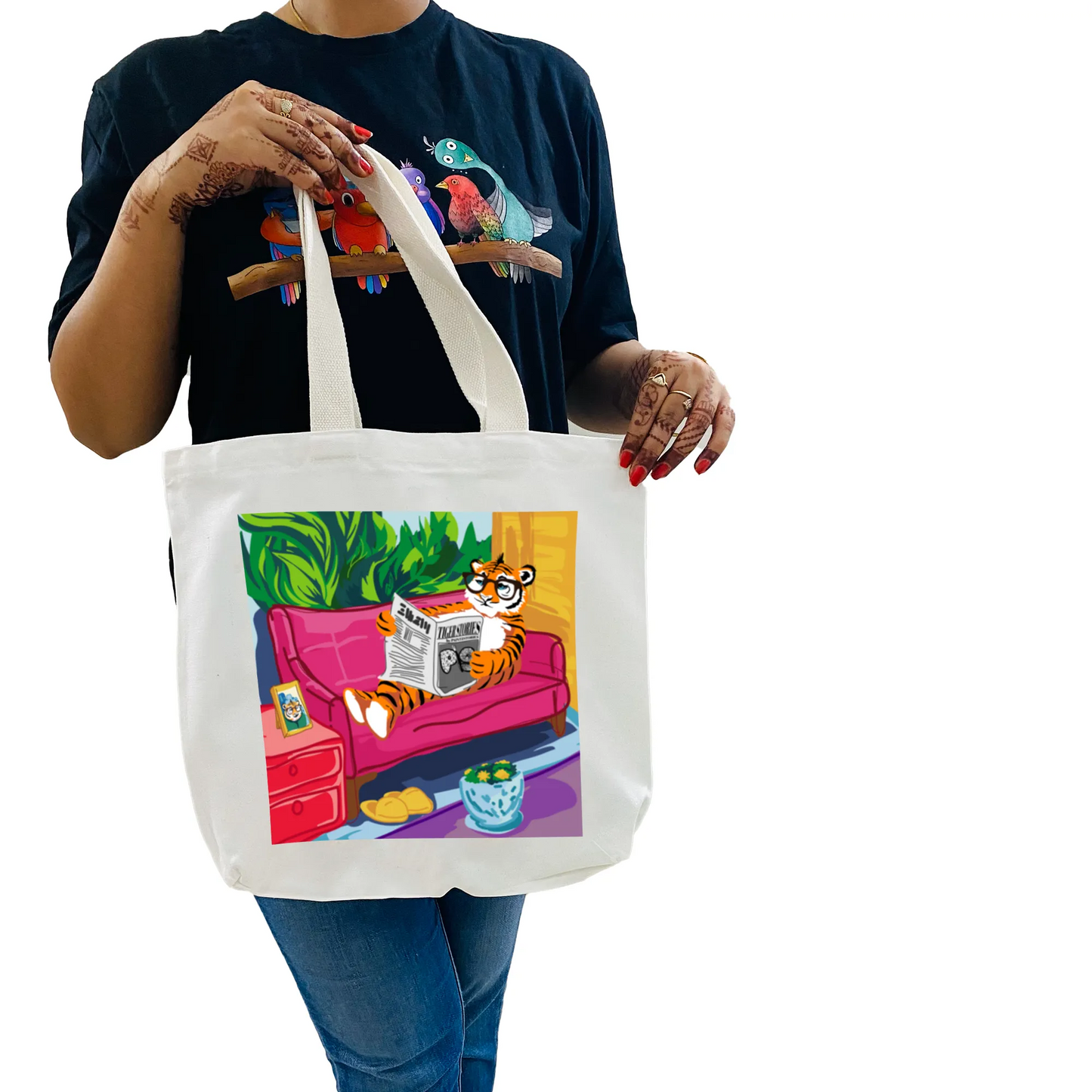 "Tiger's Leisure: Pop Art Illustration of a Relaxing Read" Artistic Tote Bag