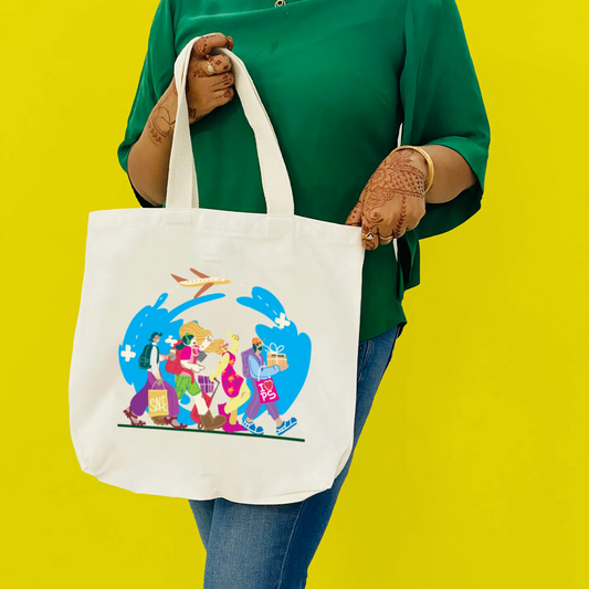 "Travel Tales: A Flat Art Illustration of Happy Tourists Returning from Adventures" Artistic Tote Bag