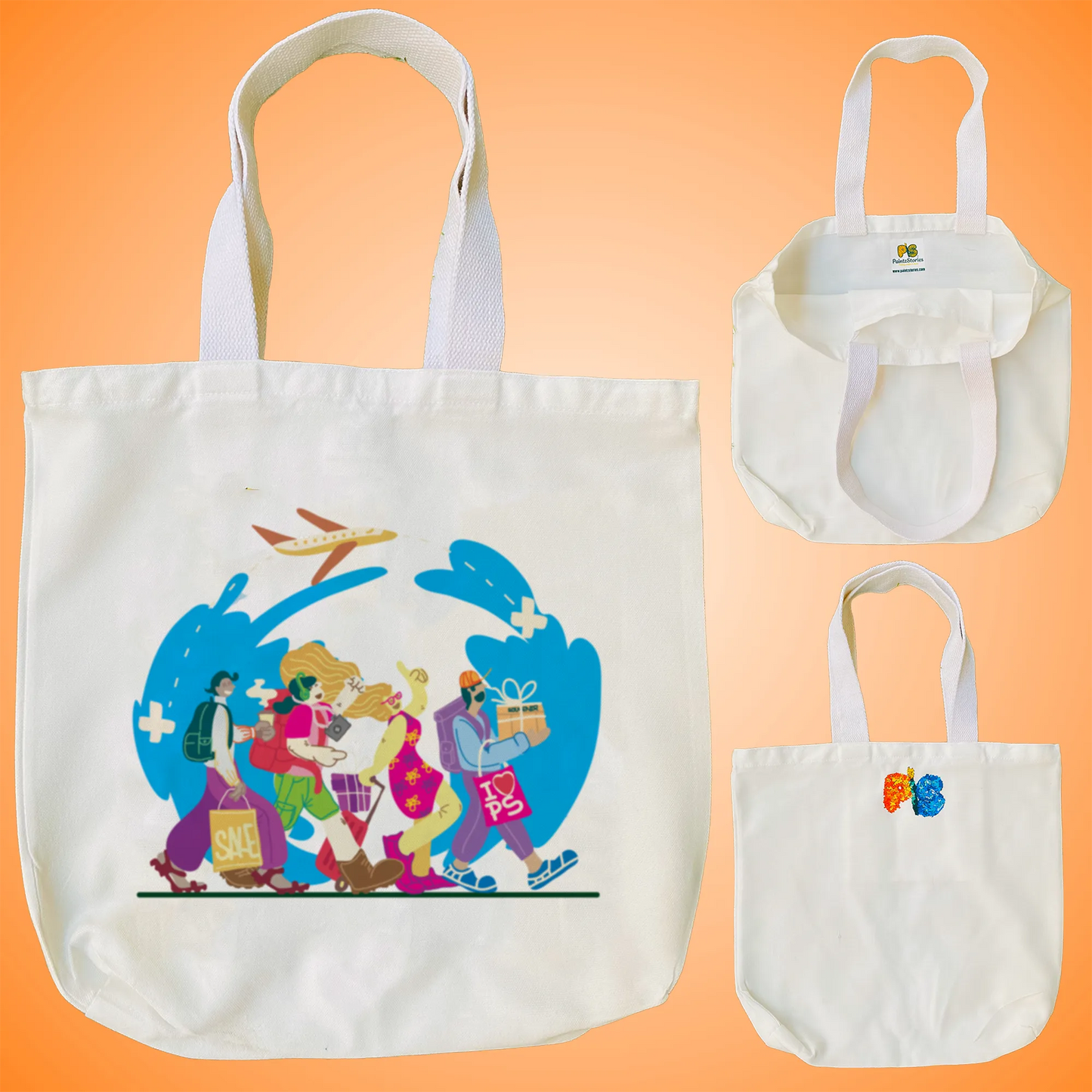 "Travel Tales: A Flat Art Illustration of Happy Tourists Returning from Adventures" Artistic Tote Bag