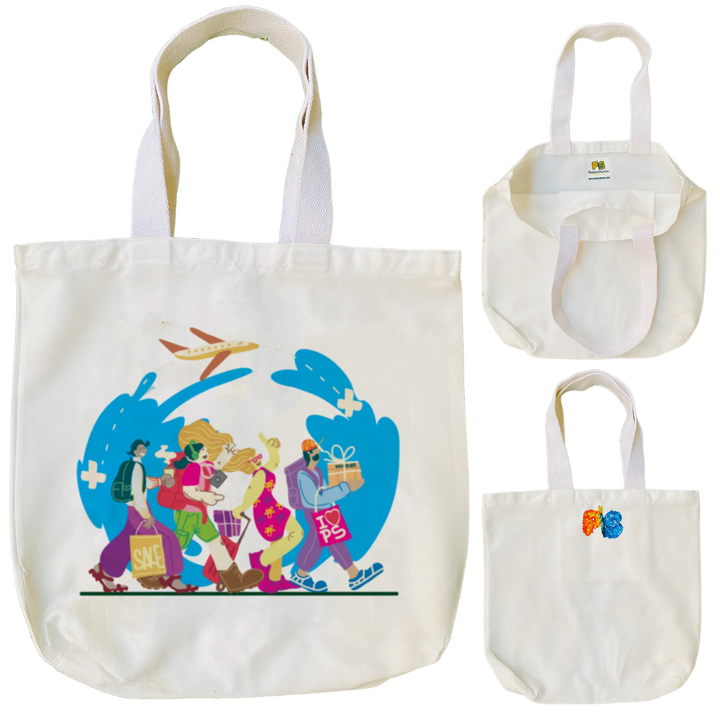 "Travel Tales: A Flat Art Illustration of Happy Tourists Returning from Adventures" Artistic Tote Bag