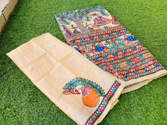 "Madhubani Handpainted Artistic Saree-Rural household theme"