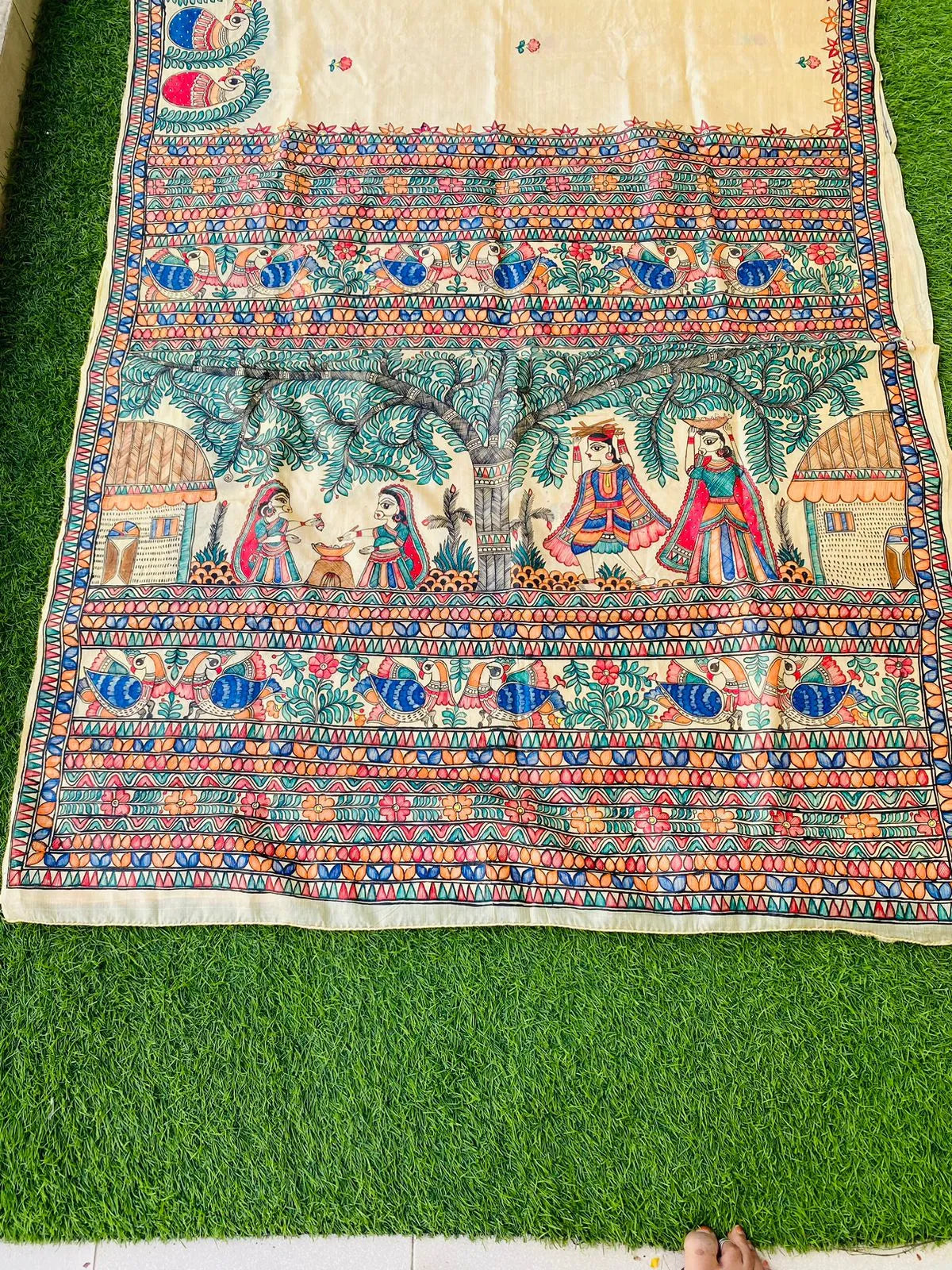 "Madhubani Handpainted Artistic Saree-Rural household theme"