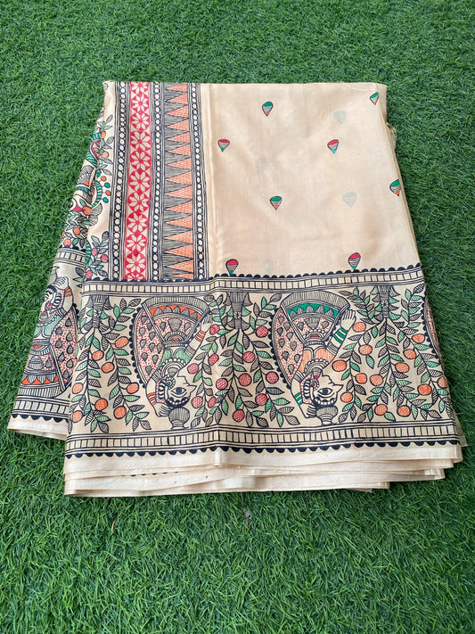 "Madhubani Handpainted Artistic Saree-The joyful dance of Krishna & the gopis "