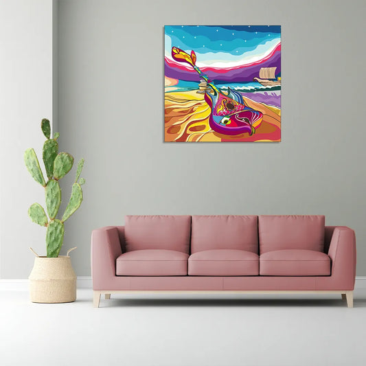 "Harmonious Melodies by the Sea: A Surreal Pop Art Illustration of Music and Beach Vibes" Canvas Print I Wall Décor I Art work I 2 Feet *2 Feet I Art on Wall I Authentic Art I