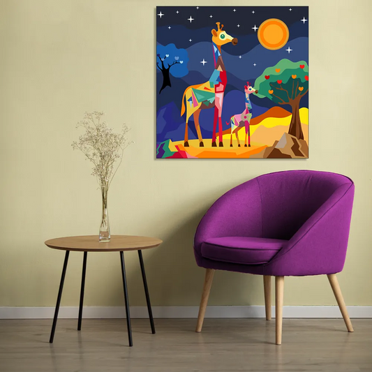 "Gentle Giants: Low Poly Giraffes in a Nighttime Oasis" Canvas  Print I Wall Décor I Art work I 2 Feet *2 Feet I Art on Wall I Authentic Art I