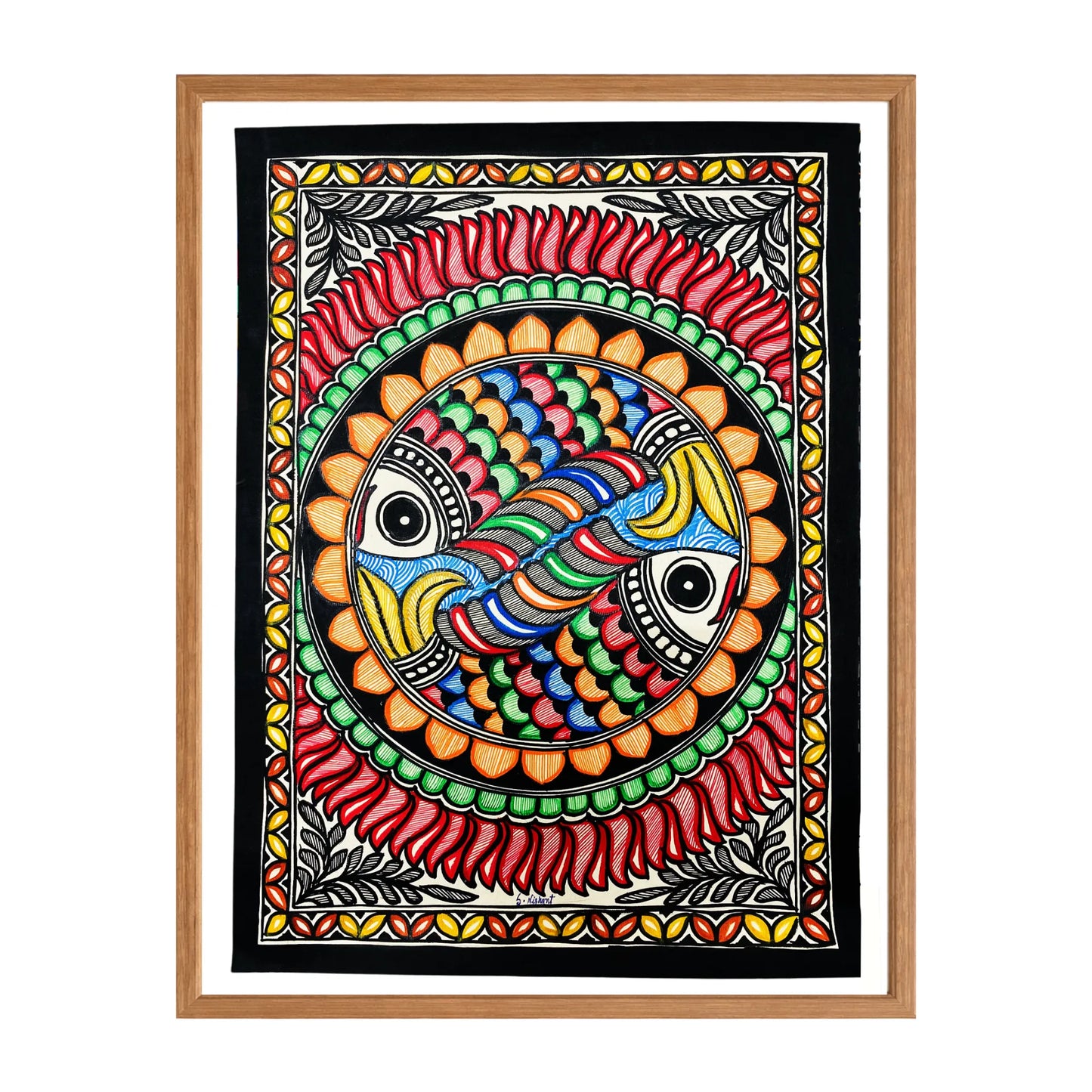 Madhubani painting Pair of Fish, handmade Mithila art wall decor, size 15 x 11 inch