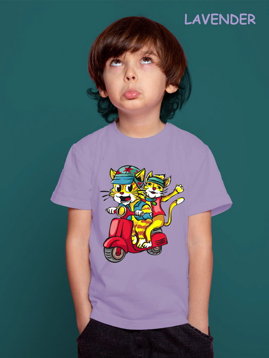 "Trendy Cats: Doodle Illustration of Joyful Vespa Ride Along the Coastline" Unisex Regular Kid's T-Shirt