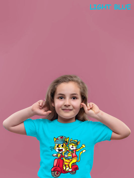 "Trendy Cats: Doodle Illustration of Joyful Vespa Ride Along the Coastline" Unisex Regular Kid's T-Shirt