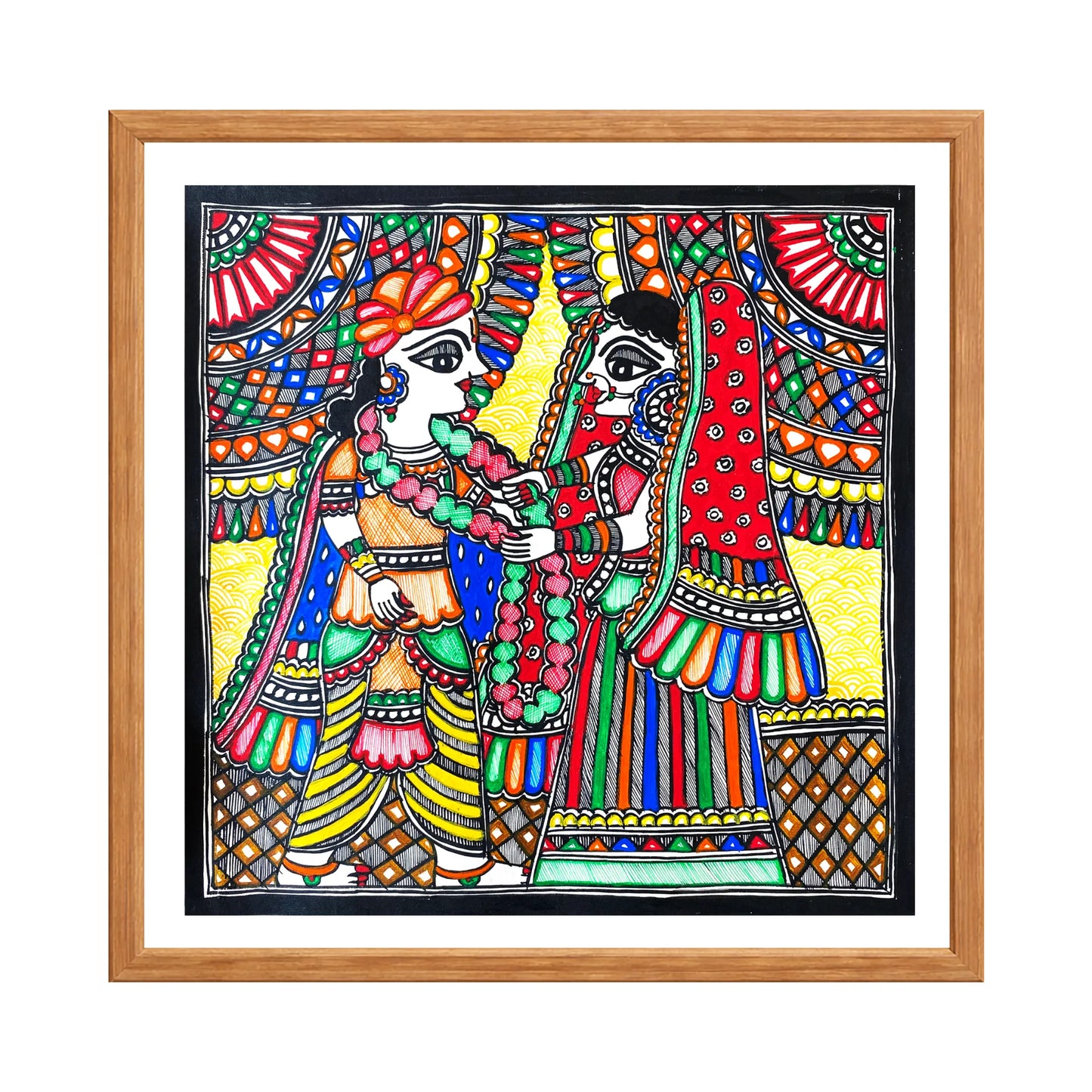 Madhubani painting Jai Mala, handmade Mithila art wall decor, size 12 x 12 inch