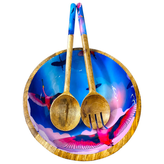 '"Stunning birds in a colourful sky" Artistic Wooden Cutlery - Big Bowl with Serving Spoons I Dine ware I Hand Crafted I Decorative I Size-10*10*3 Inch