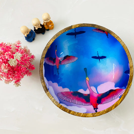 '"Stunning birds in a colourful sky" Artistic Wooden Cutlery - Big Bowl with Serving Spoons I Dine ware I Hand Crafted I Decorative I Size-10*10*3 Inch