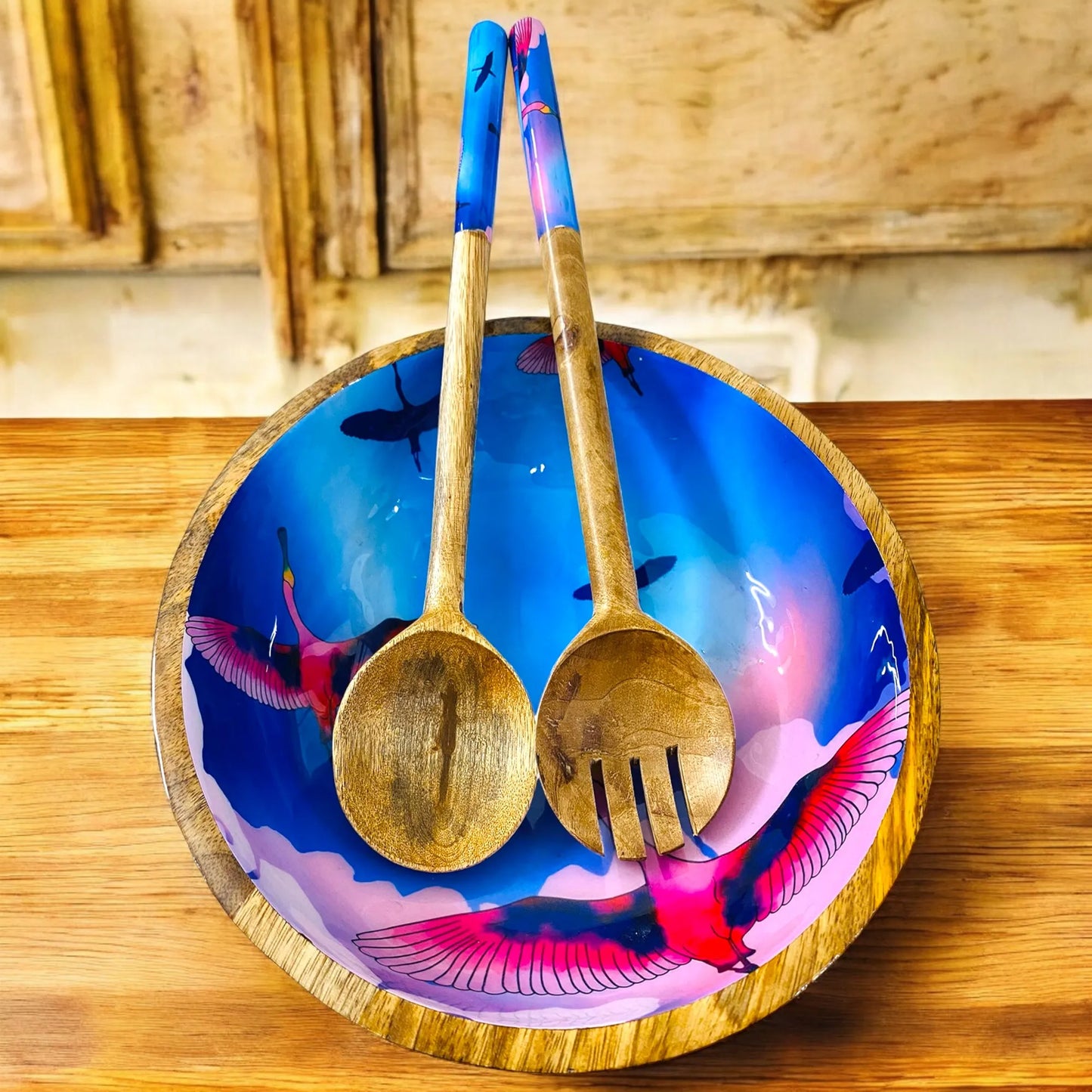 '"Stunning birds in a colourful sky" Artistic Wooden Cutlery - Big Bowl with Serving Spoons I Dine ware I Hand Crafted I Decorative I Size-10*10*3 Inch