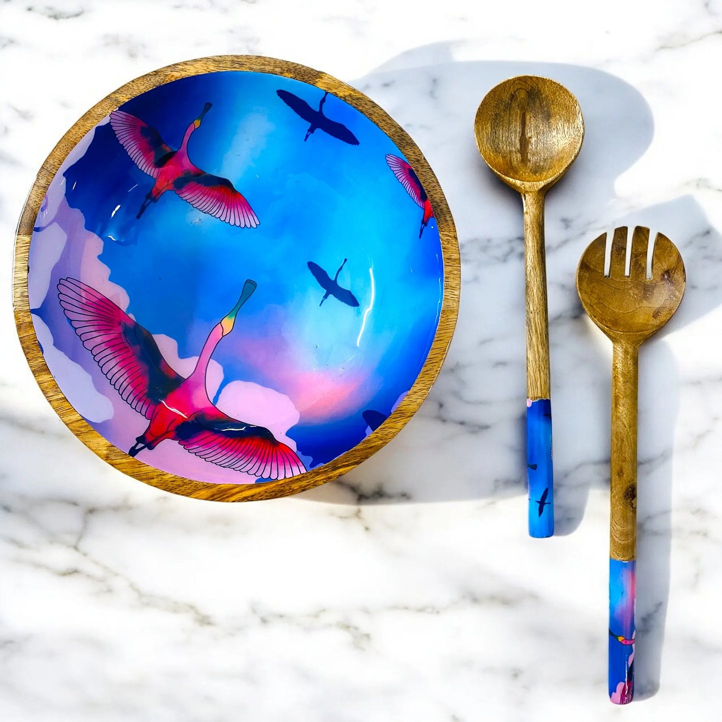 '"Stunning birds in a colourful sky" Artistic Wooden Cutlery - Big Bowl with Serving Spoons I Dine ware I Hand Crafted I Decorative I Size-10*10*3 Inch