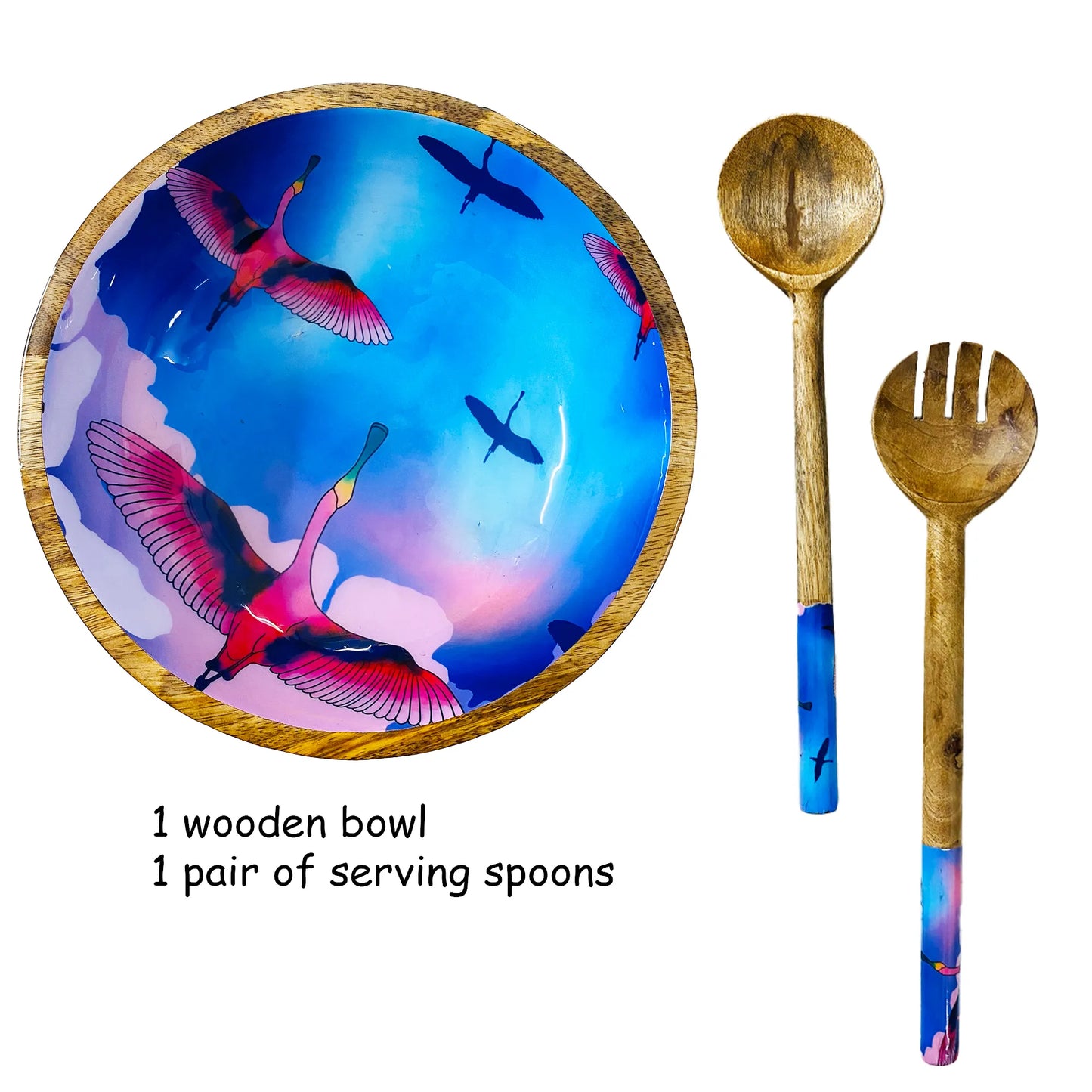 '"Stunning birds in a colourful sky" Artistic Wooden Cutlery - Big Bowl with Serving Spoons I Dine ware I Hand Crafted I Decorative I Size-10*10*3 Inch