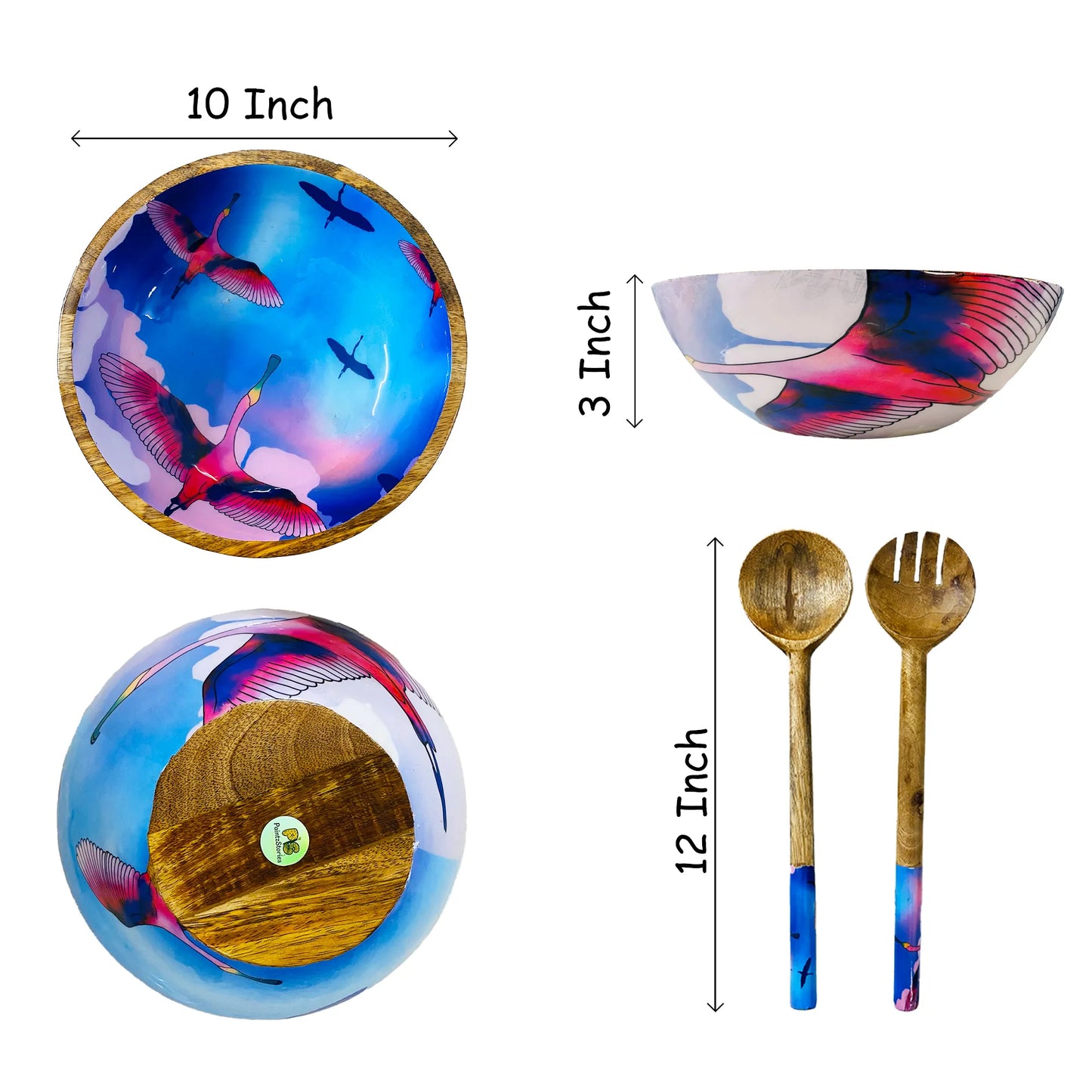 '"Stunning birds in a colourful sky" Artistic Wooden Cutlery - Big Bowl with Serving Spoons I Dine ware I Hand Crafted I Decorative I Size-10*10*3 Inch