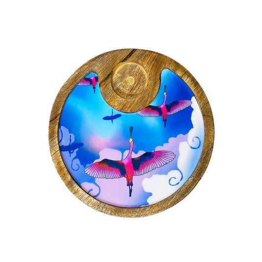 '"Stunning birds in a colourful sky" Artistic Wooden Cutlery-Circular Platter with Wooden Bowl I Table ware I Handmade I Decorative I Size-10*10 Inch