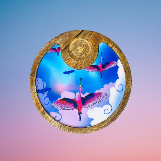 '"Stunning birds in a colourful sky" Artistic Wooden Cutlery-Circular Platter with Wooden Bowl I Table ware I Handmade I Decorative I Size-10*10 Inch