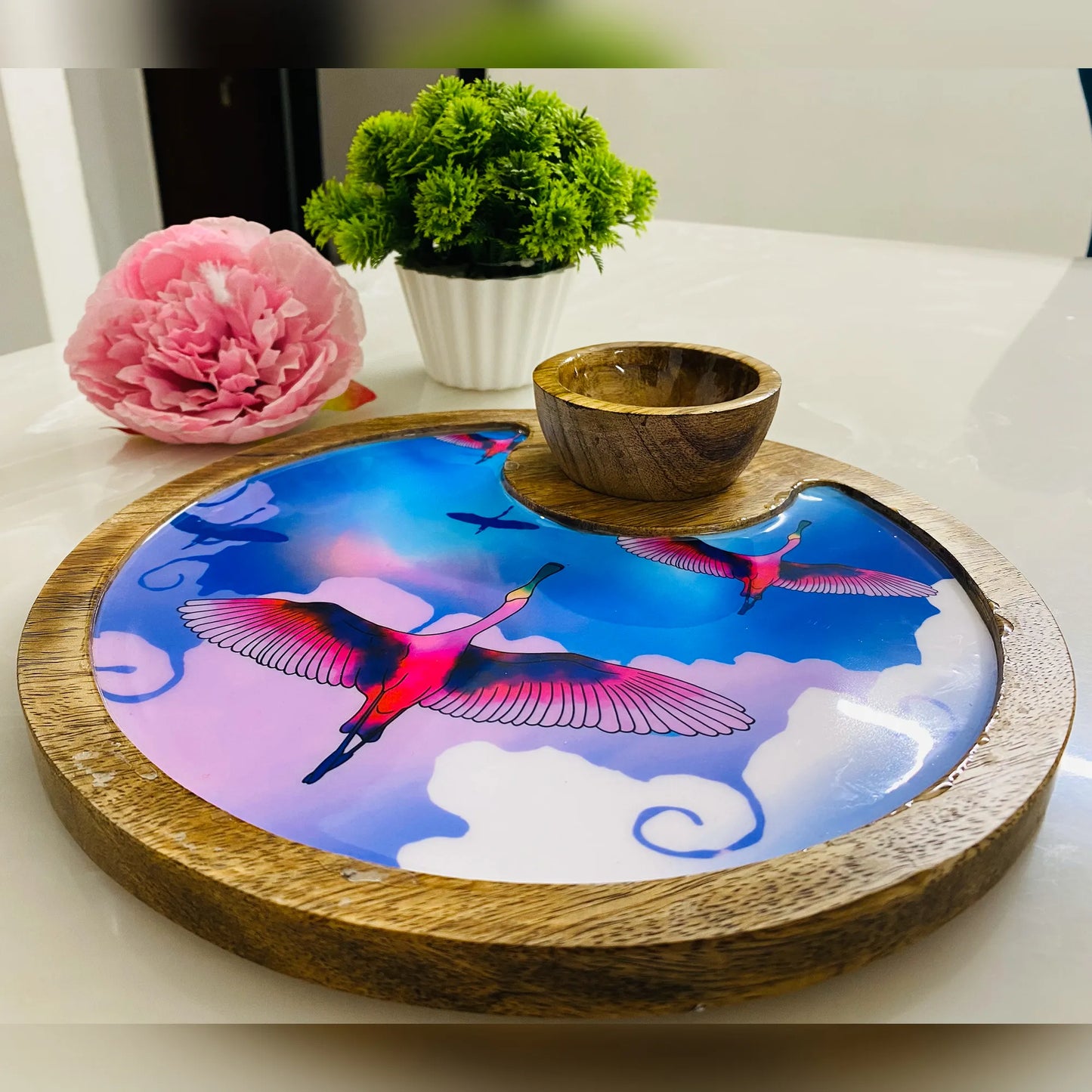 '"Stunning birds in a colourful sky" Artistic Wooden Cutlery-Circular Platter with Wooden Bowl I Table ware I Handmade I Decorative I Size-10*10 Inch