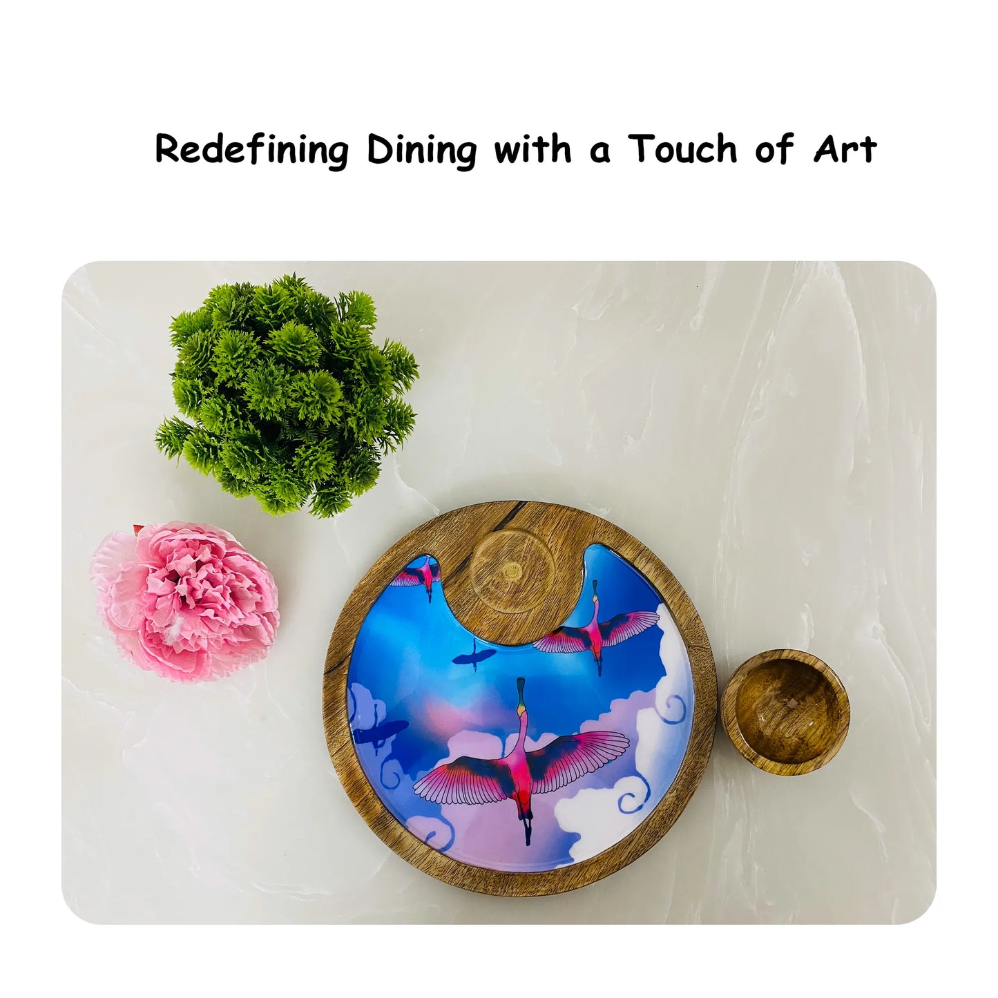 '"Stunning birds in a colourful sky" Artistic Wooden Cutlery-Circular Platter with Wooden Bowl I Table ware I Handmade I Decorative I Size-10*10 Inch