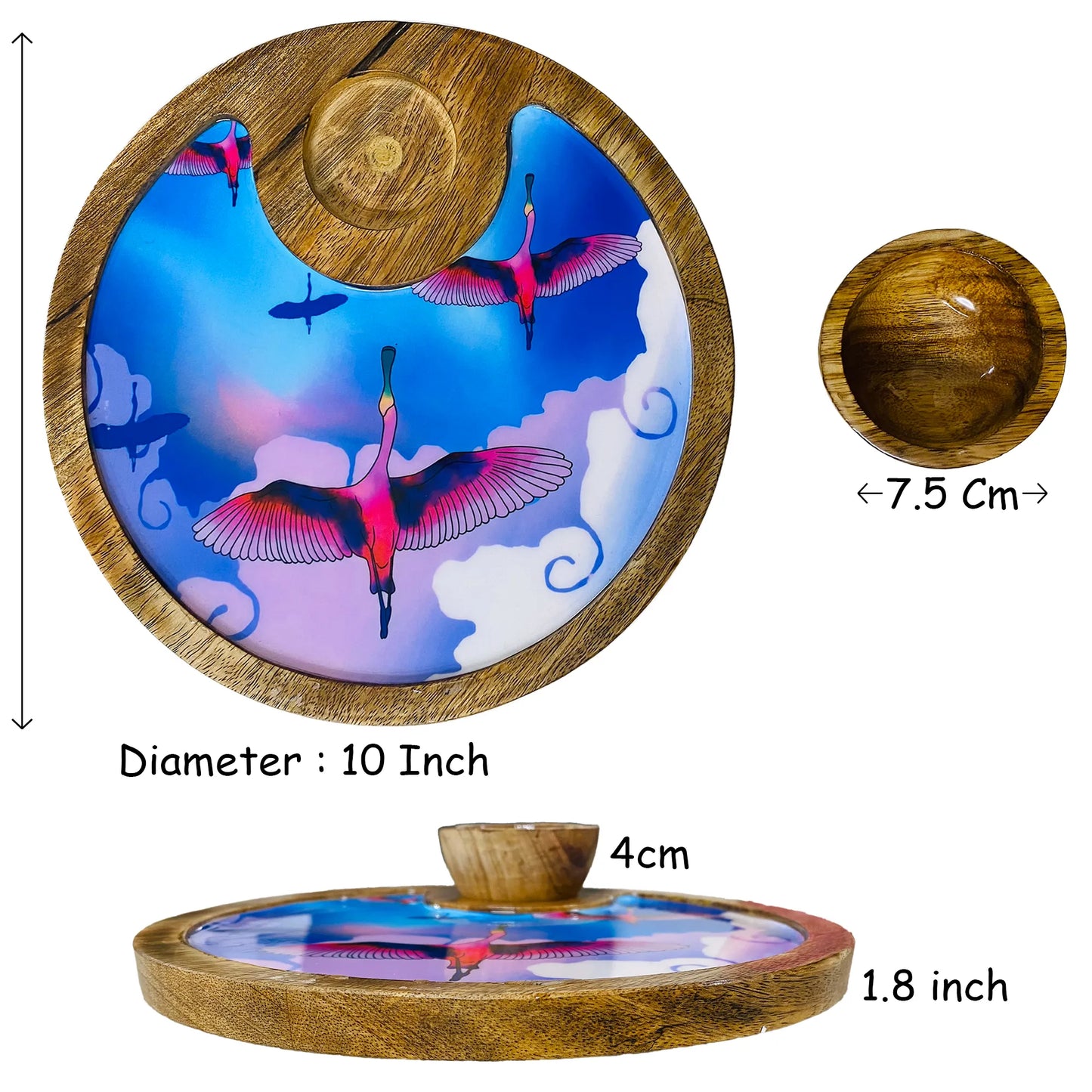 '"Stunning birds in a colourful sky" Artistic Wooden Cutlery-Circular Platter with Wooden Bowl I Table ware I Handmade I Decorative I Size-10*10 Inch