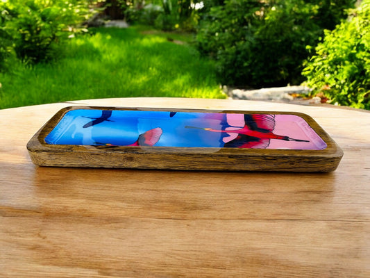 "Stunning birds in a colourful sky" Artistic Wooden Cutlery-Rectangular Platter I Serve ware I Handcrafted I Home Décor I Meena Print I Size-13*5 Inch