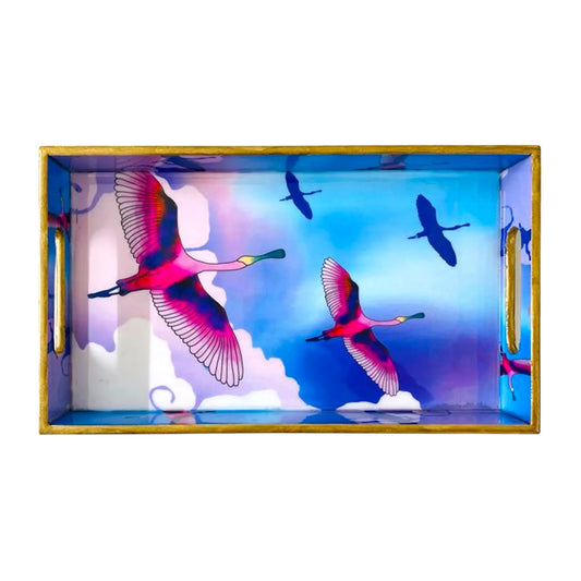 '"Stunning birds in a colourful sky" Artistic Wooden Cutlery-Rectangular Tray- Large I Serve ware I Hand Crafted I Meena Print I Size-16*10*2 Inch
