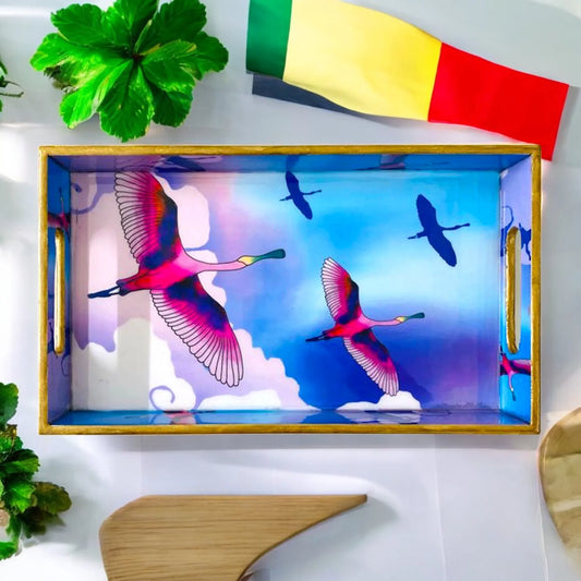 '"Stunning birds in a colourful sky" Artistic Wooden Cutlery-Rectangular Tray- Large I Serve ware I Hand Crafted I Meena Print I Size-16*10*2 Inch