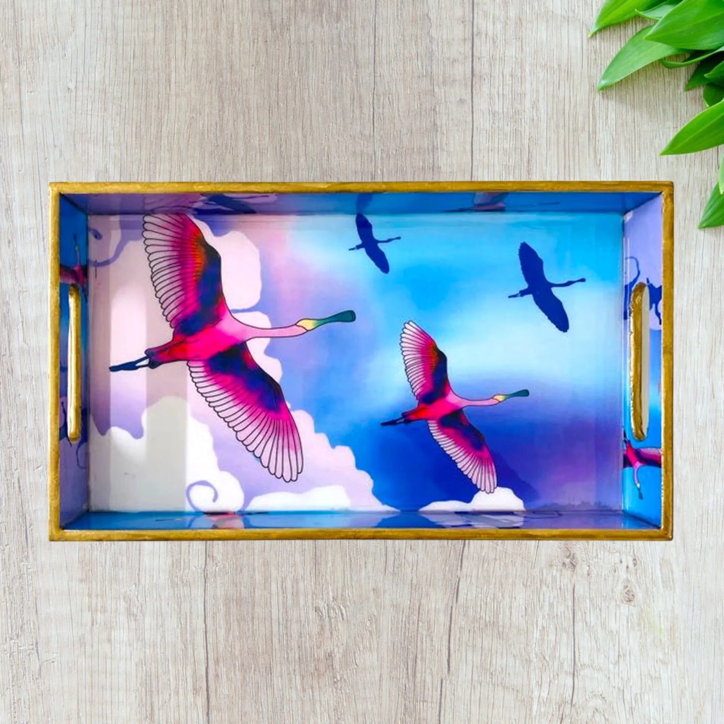 '"Stunning birds in a colourful sky" Artistic Wooden Cutlery-Rectangular Tray- Large I Serve ware I Hand Crafted I Meena Print I Size-16*10*2 Inch