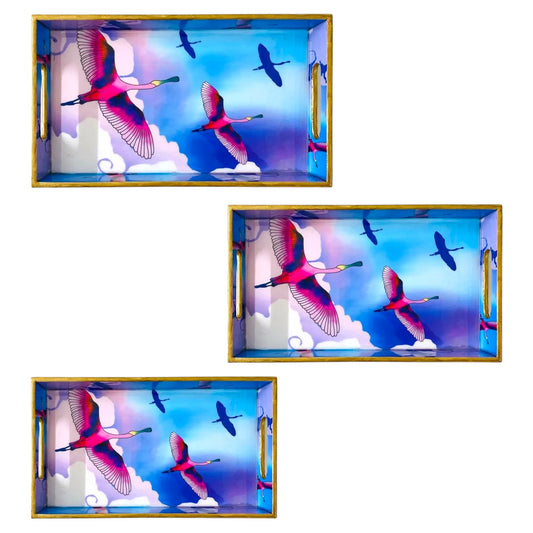 '"Stunning birds in a colourful sky" Artistic Wooden Cutlery-Rectangular Trays (Set of 3) I Serve ware I Handmade I Size-12*6*2, 14*8*2 & 16*10*2 Inch