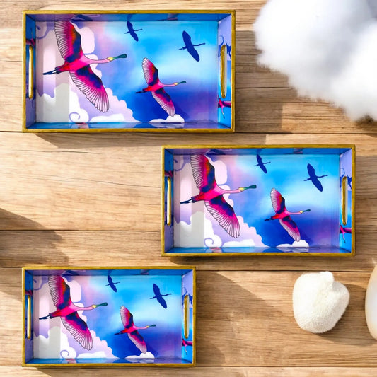 '"Stunning birds in a colourful sky" Artistic Wooden Cutlery-Rectangular Trays (Set of 3) I Serve ware I Handmade I Size-12*6*2, 14*8*2 & 16*10*2 Inch