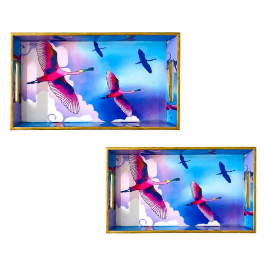 '"Stunning birds in a colourful sky" Artistic Wooden Cutlery-Rectangular Tray-Set of 2 I Serve ware I Hand Crafted I Gift I Size-12*6*2 & 14*8*2 Inch