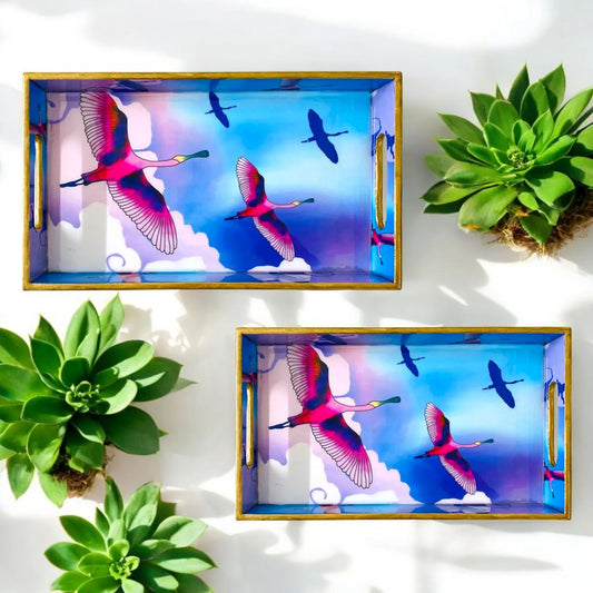 '"Stunning birds in a colourful sky" Artistic Wooden Cutlery-Rectangular Tray-Set of 2 I Serve ware I Hand Crafted I Gift I Size-12*6*2 & 14*8*2 Inch