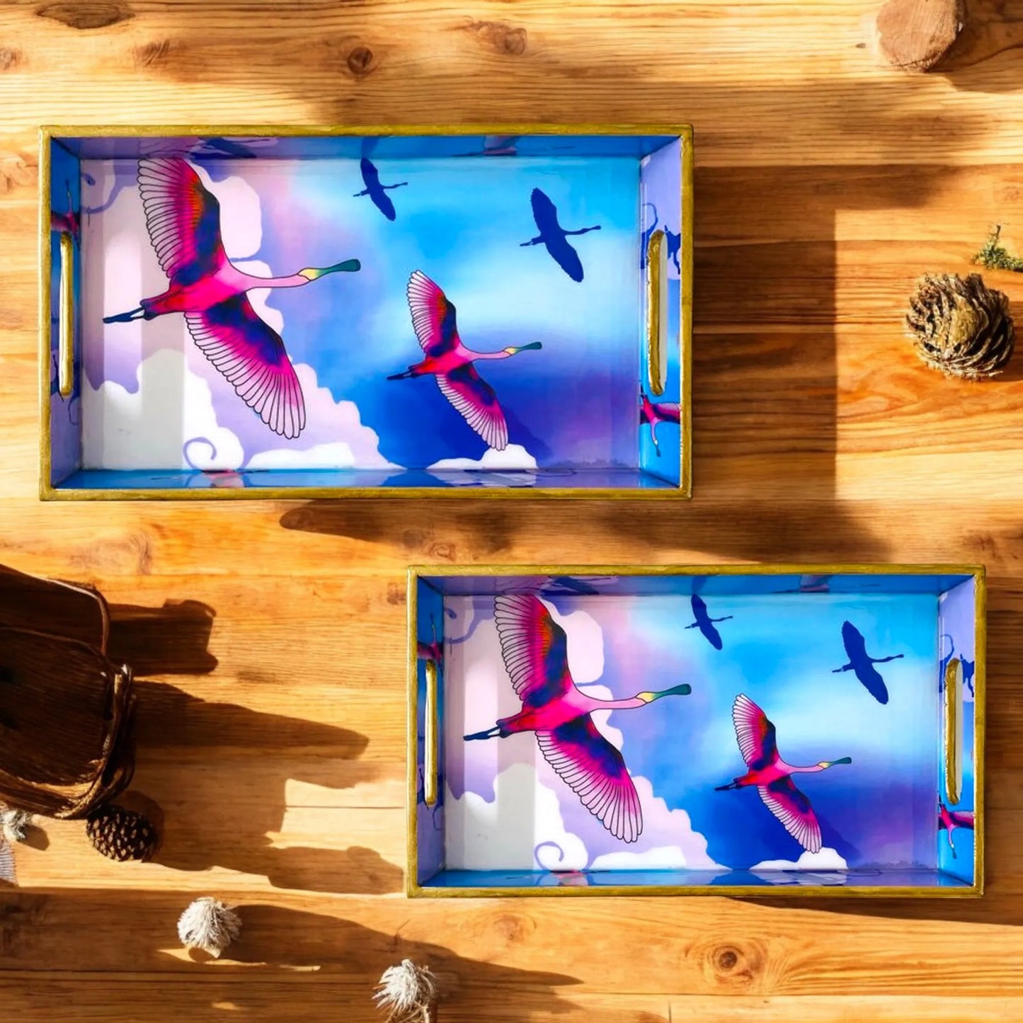 '"Stunning birds in a colourful sky" Artistic Wooden Cutlery-Rectangular Tray-Set of 2 I Serve ware I Hand Crafted I Gift I Size-12*6*2 & 14*8*2 Inch