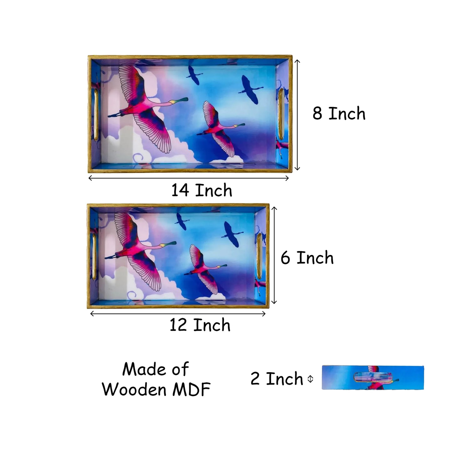 '"Stunning birds in a colourful sky" Artistic Wooden Cutlery-Rectangular Tray-Set of 2 I Serve ware I Hand Crafted I Gift I Size-12*6*2 & 14*8*2 Inch