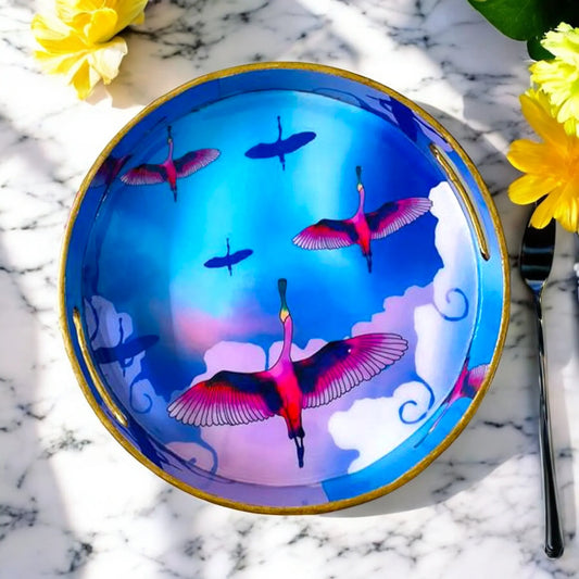 "Stunning birds in a colourful sky" Artistic Wooden Cutlery-Round Tray Large I Serve ware I Handmade I Decorative I Meena Print I Size-12*12*2 Inch