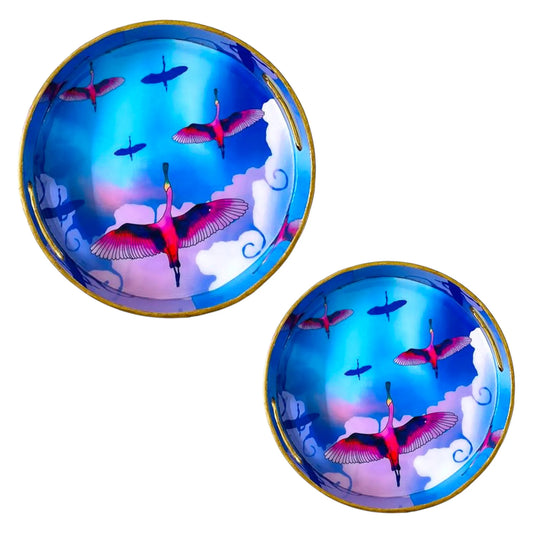 '"Stunning birds in a colourful sky" Wooden Cutlery-Round Trays (Set of 2) I Serve ware I Hand Crafted I Meena Print I Size-10*10*2 & 12*12*2 Inch