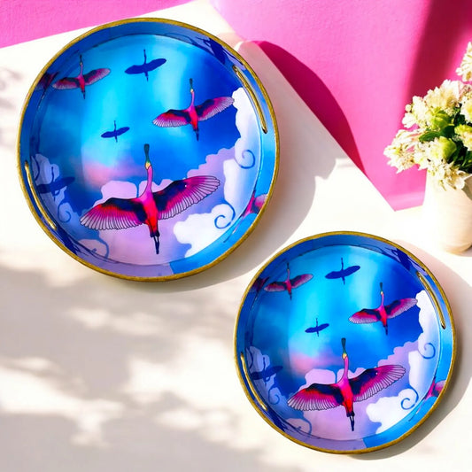 '"Stunning birds in a colourful sky" Wooden Cutlery-Round Trays (Set of 2) I Serve ware I Hand Crafted I Meena Print I Size-10*10*2 & 12*12*2 Inch