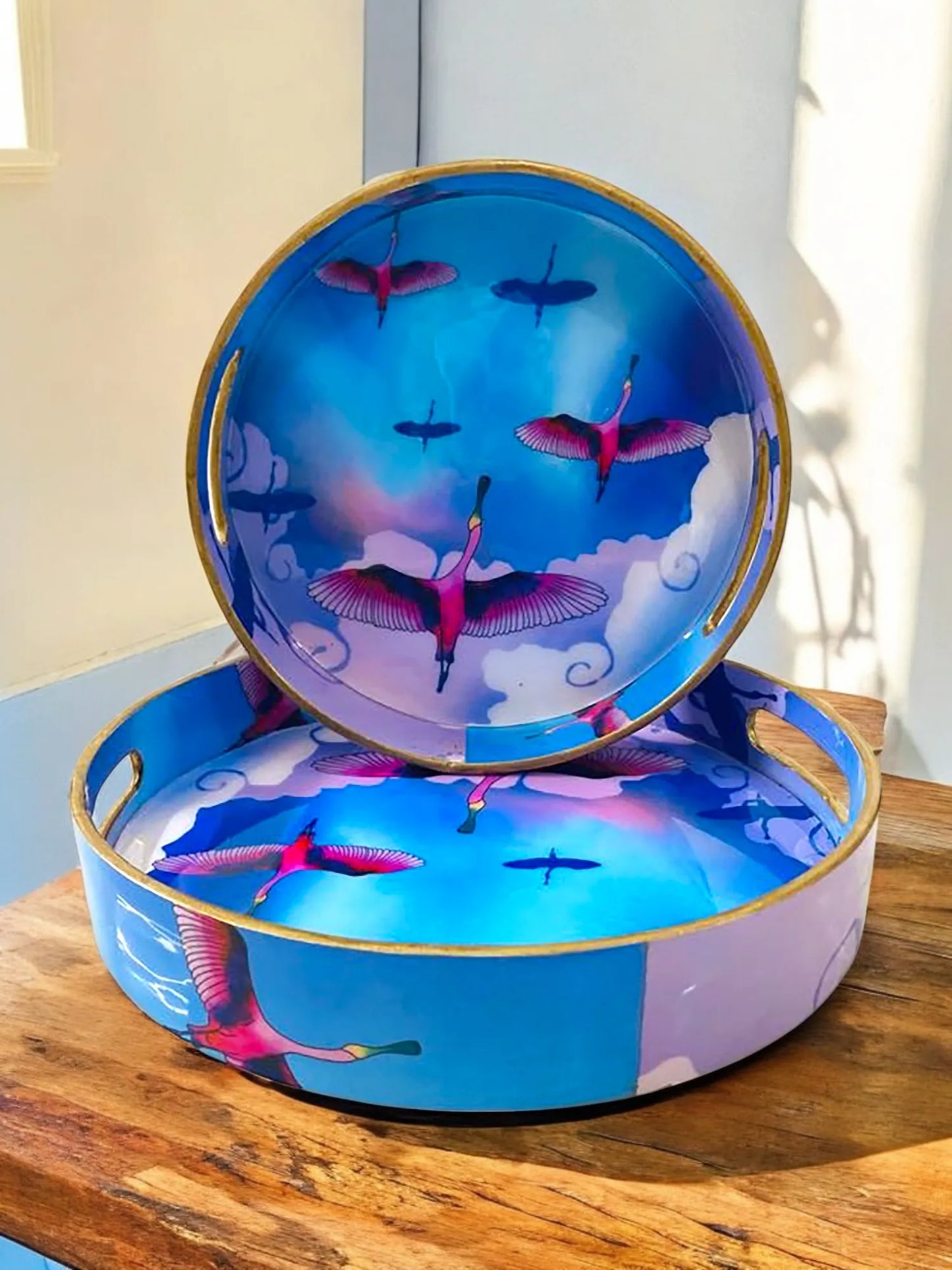 '"Stunning birds in a colourful sky" Wooden Cutlery-Round Trays (Set of 2) I Serve ware I Hand Crafted I Meena Print I Size-10*10*2 & 12*12*2 Inch