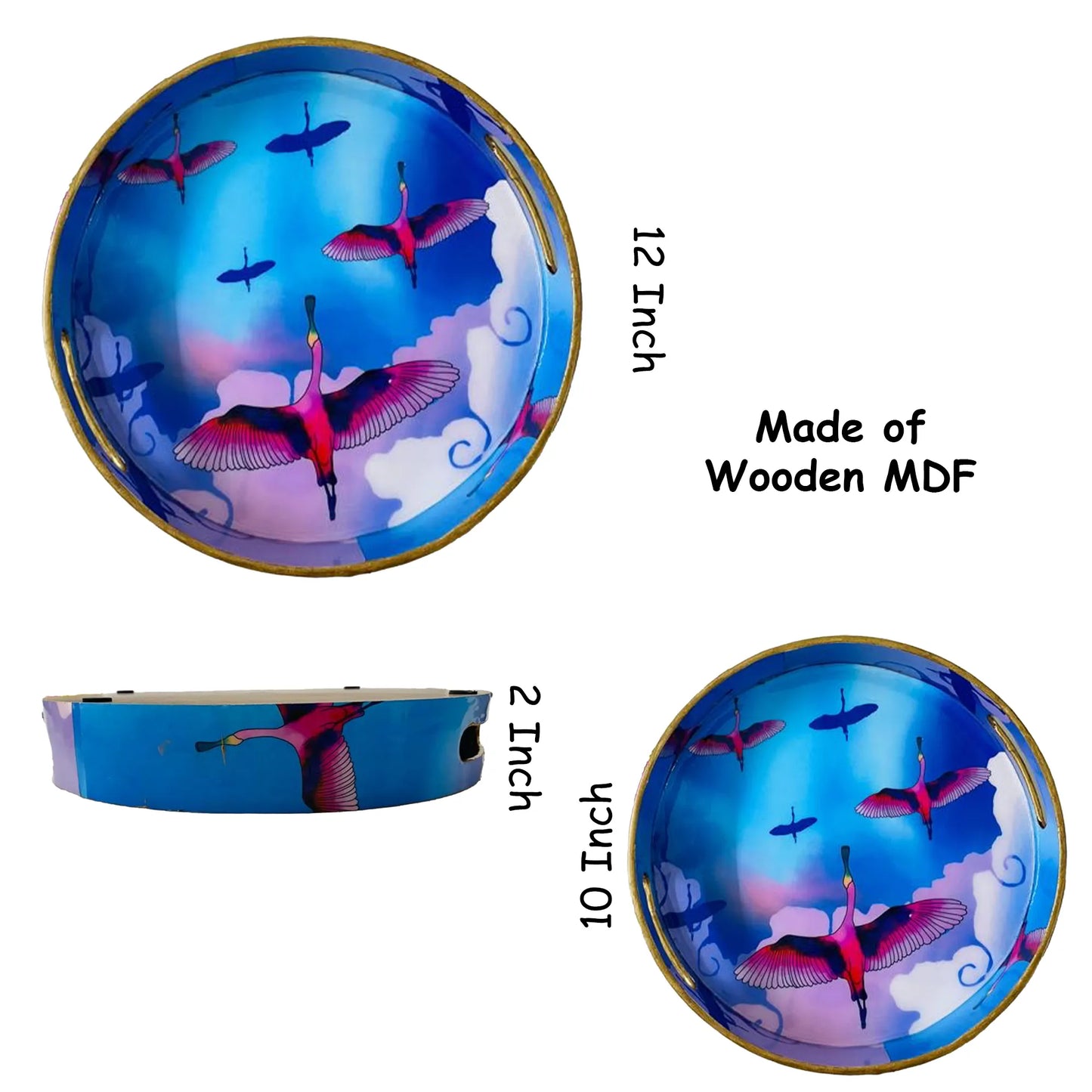'"Stunning birds in a colourful sky" Wooden Cutlery-Round Trays (Set of 2) I Serve ware I Hand Crafted I Meena Print I Size-10*10*2 & 12*12*2 Inch