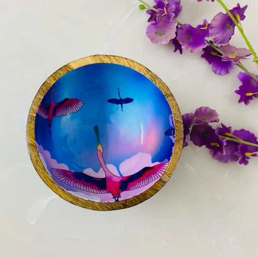 "Stunning birds in a colourful sky" Artistic Wooden Cutlery - Small Bowl I Serve ware I Hand Crafted I Decorative I Meena Print I Size-6*6*3 Inch