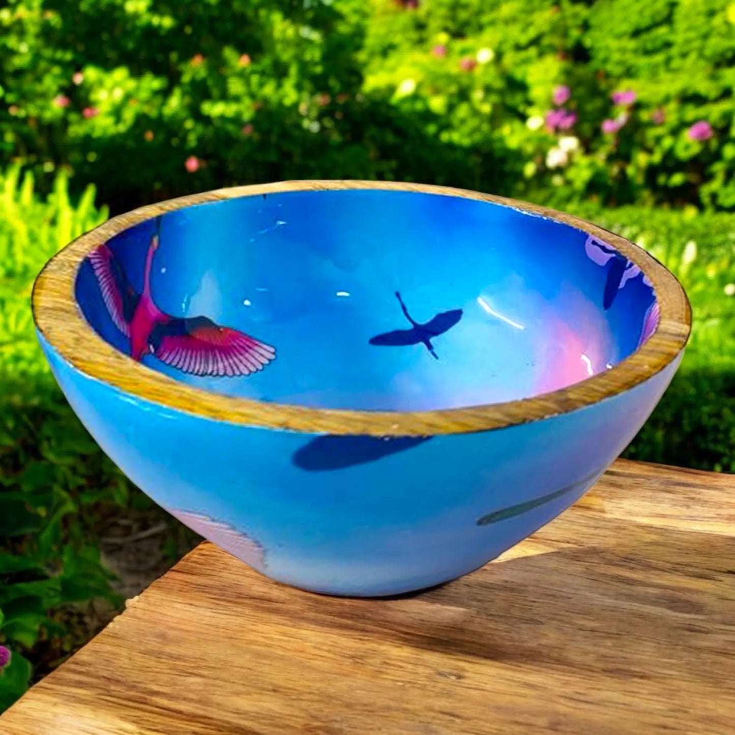 "Stunning birds in a colourful sky" Artistic Wooden Cutlery - Small Bowl I Serve ware I Hand Crafted I Decorative I Meena Print I Size-6*6*3 Inch