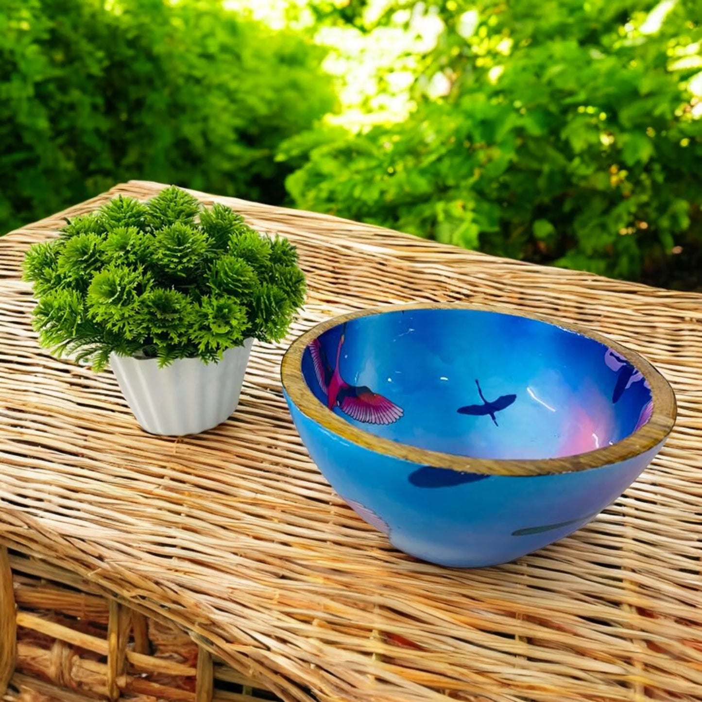 "Stunning birds in a colourful sky" Artistic Wooden Cutlery - Small Bowl I Serve ware I Hand Crafted I Decorative I Meena Print I Size-6*6*3 Inch