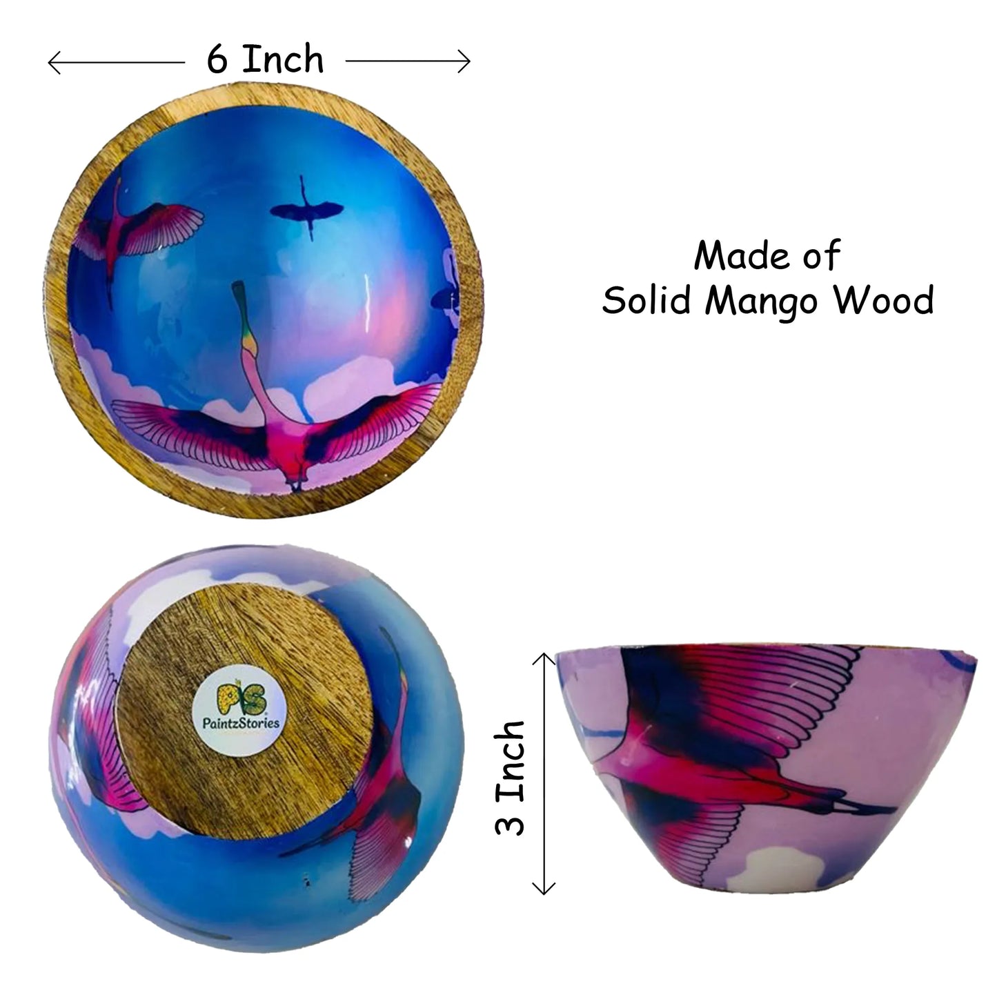 "Stunning birds in a colourful sky" Artistic Wooden Cutlery - Small Bowl I Serve ware I Hand Crafted I Decorative I Meena Print I Size-6*6*3 Inch
