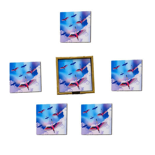 '"Stunning birds in a colourful sky" Artistic Wooden Cutlery-Wooden Tea Coaster I Table ware I Handmade I Home Décor I Meena Print I Size- 4*4 Inch