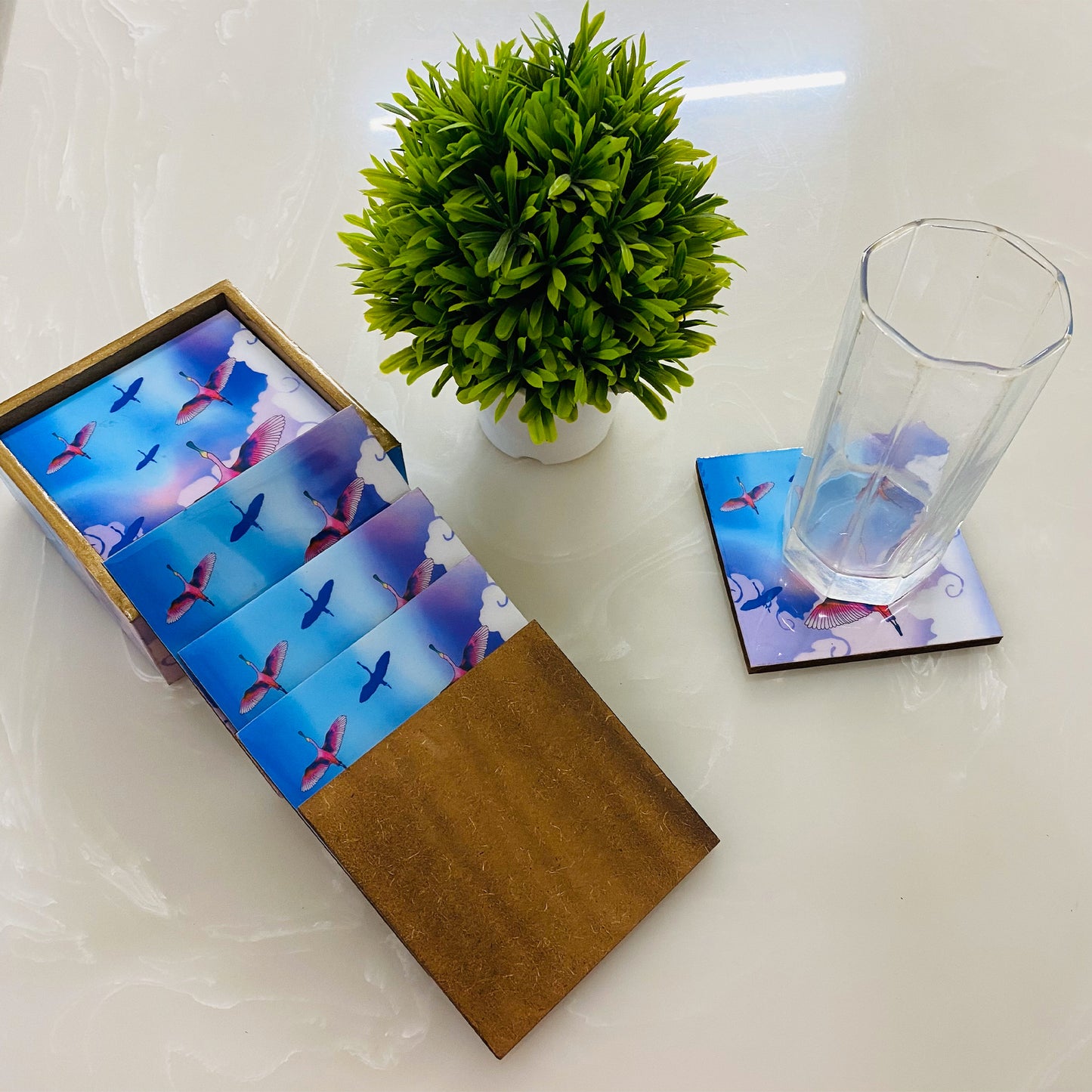 '"Stunning birds in a colourful sky" Artistic Wooden Cutlery-Wooden Tea Coaster I Table ware I Handmade I Home Décor I Meena Print I Size- 4*4 Inch